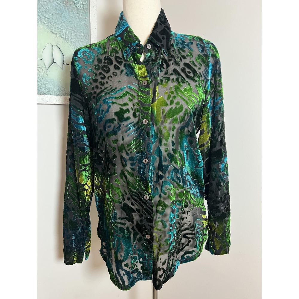 Womens Burnout Velvet Blouse Sheer Button Up Floral Boho Artsy Whimsigoth Jewel
